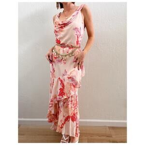 Vintage 90s/Y2K Pink Floral Ruffle Tiered Drape Maxi Dress